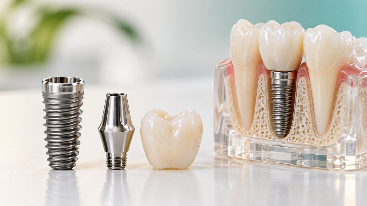 Parts of a dental implant — implant, abutment and crown — explained at Designer Smiles, Mumbai