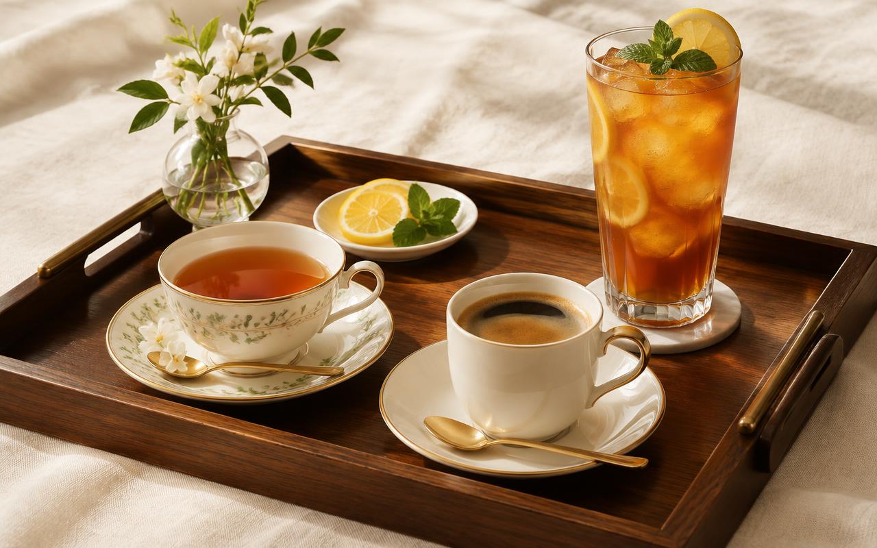 Tea, coffee and iced tea served on a tray for patients at Designer Smiles, Vile Parle East, Mumbai