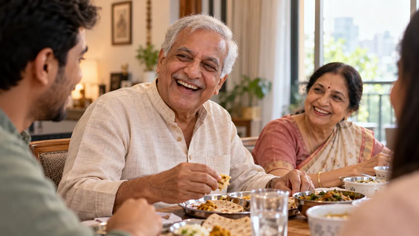 Family enjoying a meal with fixed full arch implant teeth, Designer Smiles, Vile Parle East, Mumbai