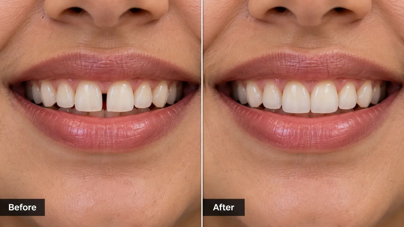 Before and after closing a gap between front teeth, Designer Smiles, Vile Parle East, Mumbai