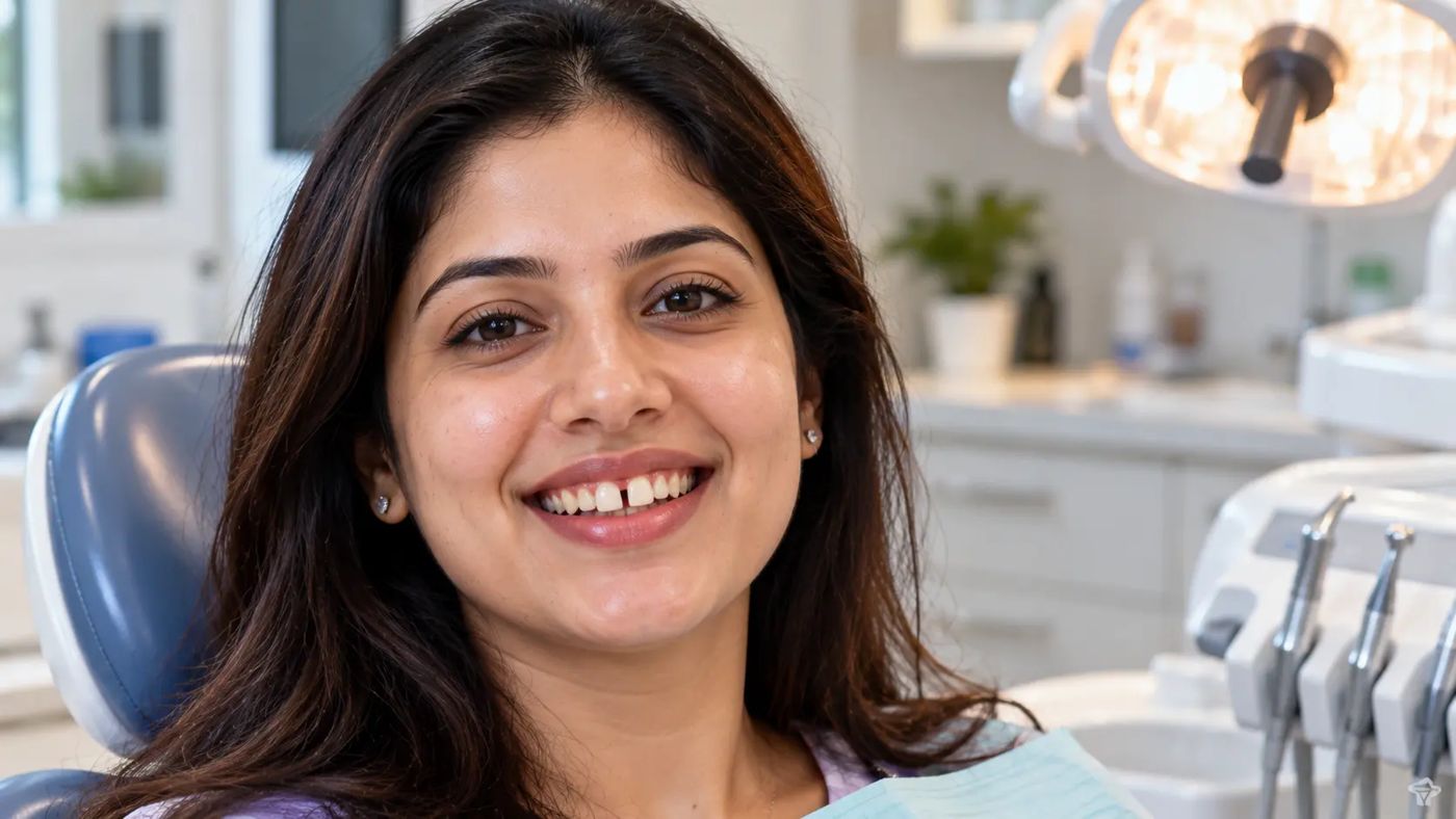 Smiling woman with a gap between her front teeth at Designer Smiles, Vile Parle East, Mumbai