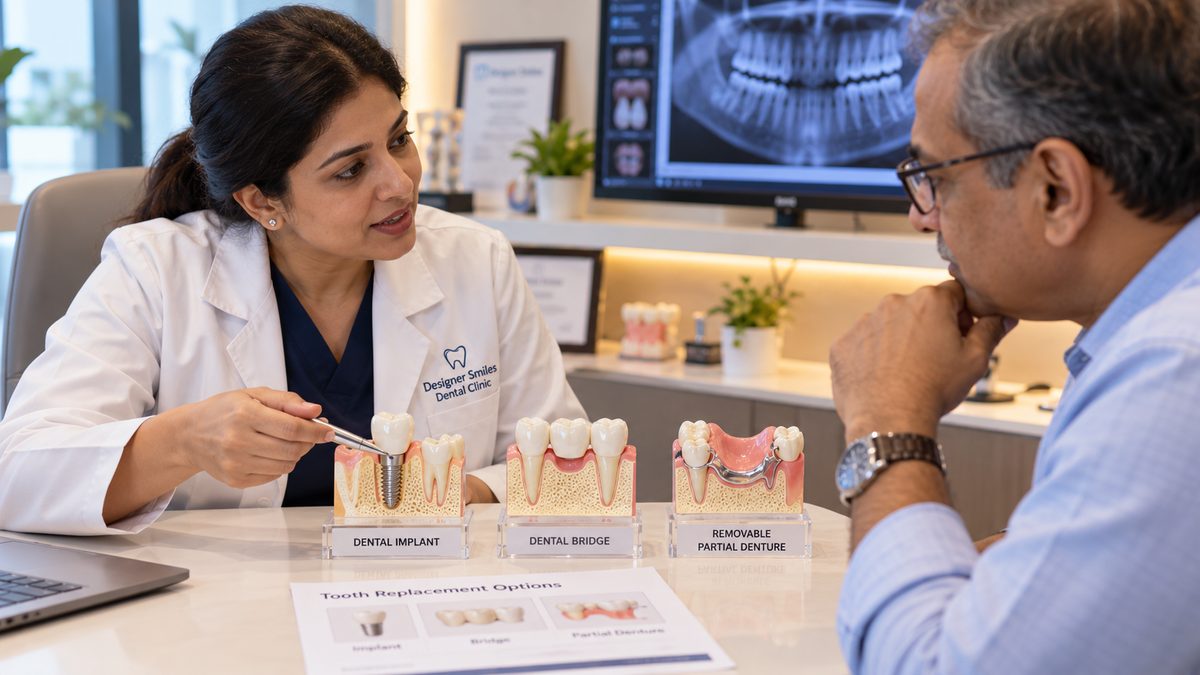 Dentist explaining dental implant and bridge options at Designer Smiles, Vile Parle East, Mumbai
