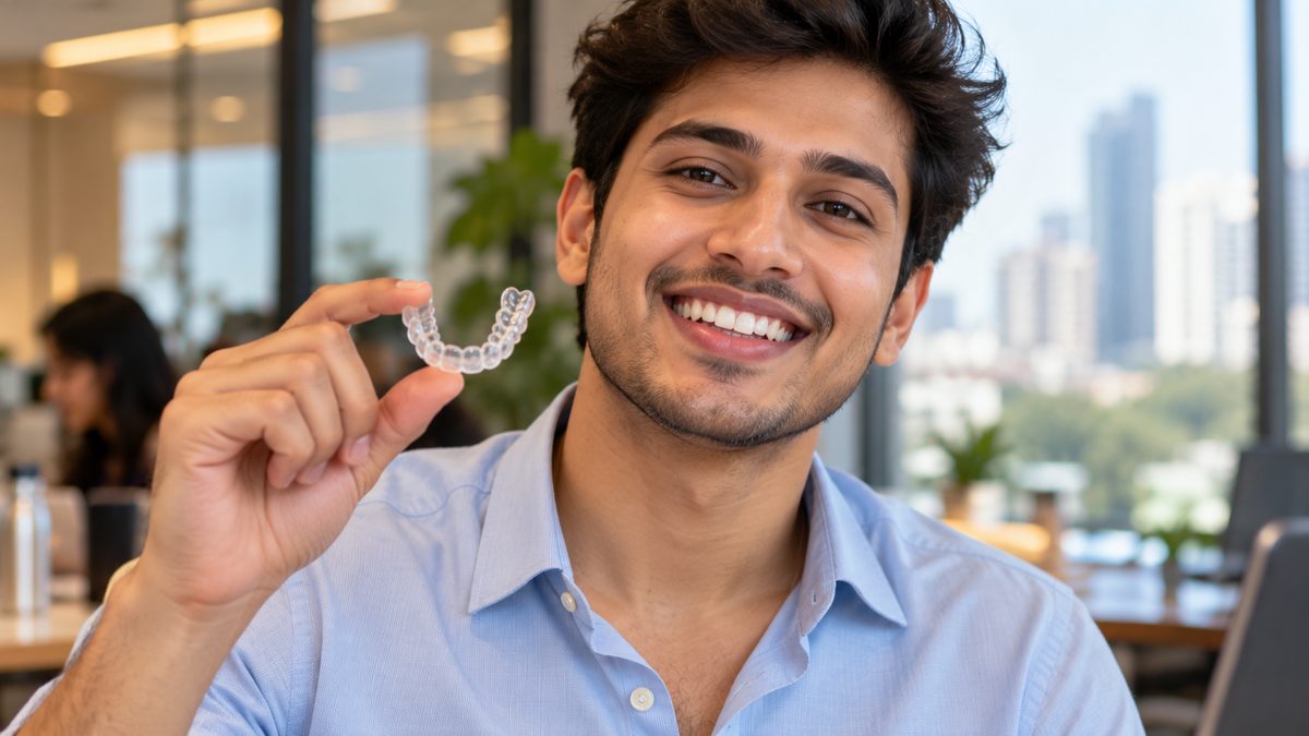 Clear aligners: nearly invisible in everyday life Patient holding a clear aligner after Invisalign treatment at Designer Smiles, Vile Parle East, Mumbai
