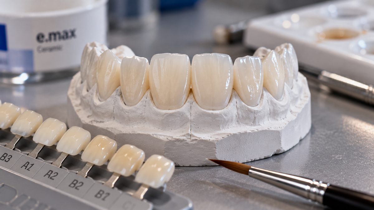 E.max ceramic veneers on a model with a shade guide at Designer Smiles, Vile Parle East, Mumbai