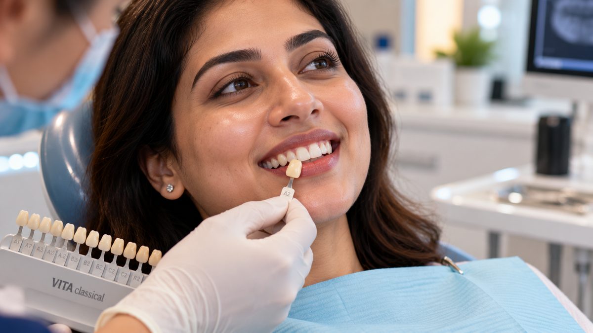 Tooth shade matching for veneers at Designer Smiles, Vile Parle East, Mumbai
