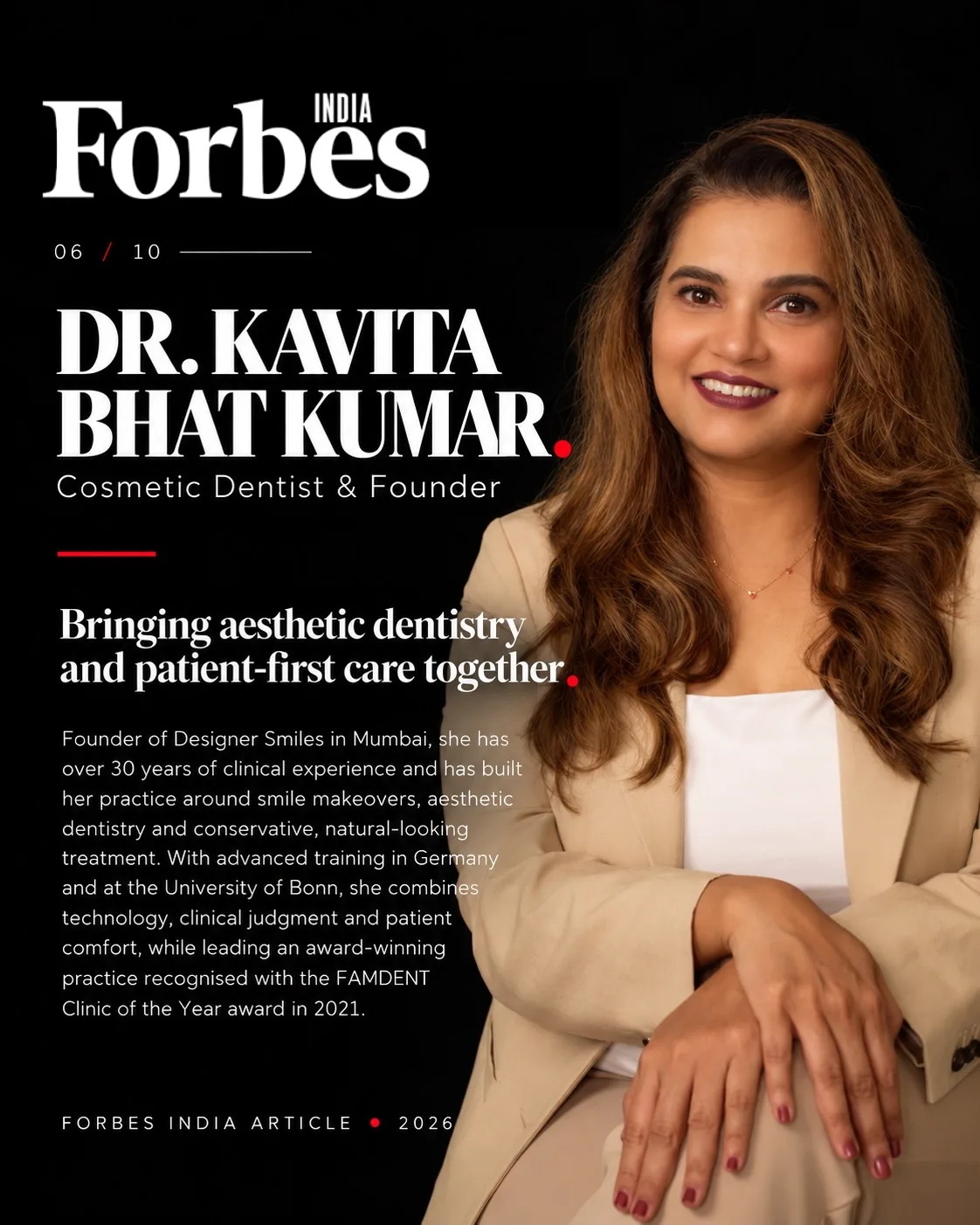 Dr. Kavita Bhat Kumar featured in Forbes India 2026, cosmetic dentist and founder of Designer Smiles, Mumbai